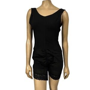 Moda International Black Lace Trim Shapewear Bodysuit Shorts Size 12 Low Back